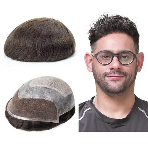 Miniatura 7 de Lordhair Tupé frontal de encaje francés para hombres 0.004 in inyectado piezas de pelo de piel fina unidas con sistema de cabello de encaje
