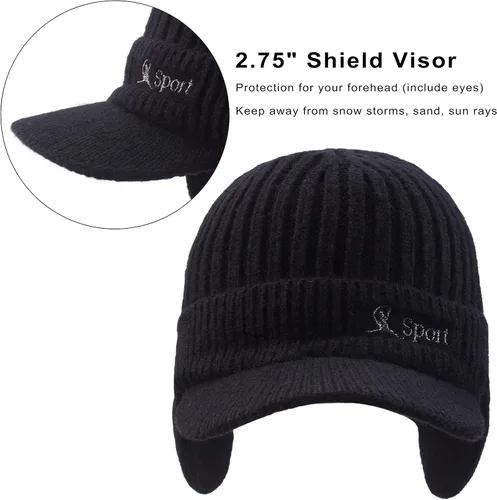 Miniatura 2 de Muryobao Gorro de invierno para hombre con forro polar con visera orejeras cálidas gorra de esquí