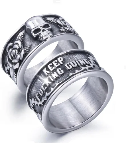 Miniatura 13 de Anillos de calavera gótica vintage para hombres y mujeres, acero inoxidable, ónix negro, anillo de póquer, anillo de esqueleto plateado