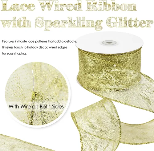 Miniatura 4 de HUIHUANG Cinta de encaje con alambre para árbol de Navidad, 2.5 pulgadas x 25 yardas, cinta de alambre con purpurina dorada para árbol de Navidad