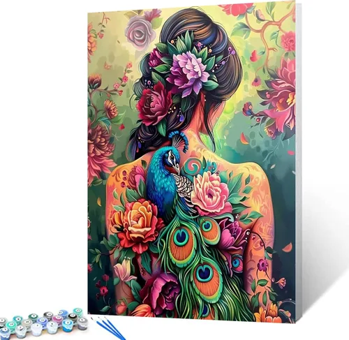 Pintura por números para adultos, tatuajes de mujeres, pintura por números sobre lienzo, fácil de pintar para principiantes, tatuajes de flores,