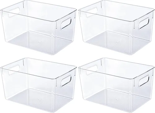 JollyPack Paquete de 4 cubos de almacenamiento de plástico transparente, organizadores de despensa y almacenamiento con asas, contenedores de