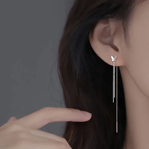 Miniatura 2 de SLUYNZ Aretes colgantes de mariposa de plata de ley 925 para mujeres, adolescentes, aretes colgantes de mariposa, aretes de enhebrador, cadena