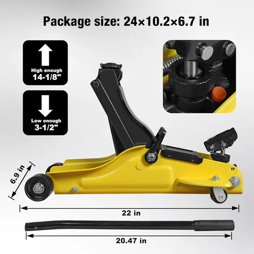 Miniatura 7 de YELLOW JACKET Gato de carretilla de 2.5 toneladas con estuche de transporte Gato hidráulico de piso de bajo perfil para automóviles con bomba