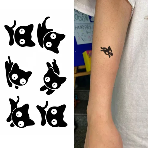 Miniatura 9 de Juego de 2 calcomanías de tatuaje temporal pequeñas, diseño de pareja de tótem de cola de gato negro, diseño de pareja para mano, cuello, cara, K-222