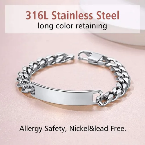 Miniatura 3 de FindChic Pulseras de identificación personalizadas con barra de nombre para hombres y mujeres, chapadas en oro de 18 quilatesacero inoxidablenegro