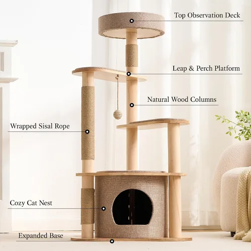 Miniatura 2 de 797Audio Moderno árbol de madera para gatos, árbol estético para gatos de 46 pulgadas con postes rascadores de madera de pino natural y condominio