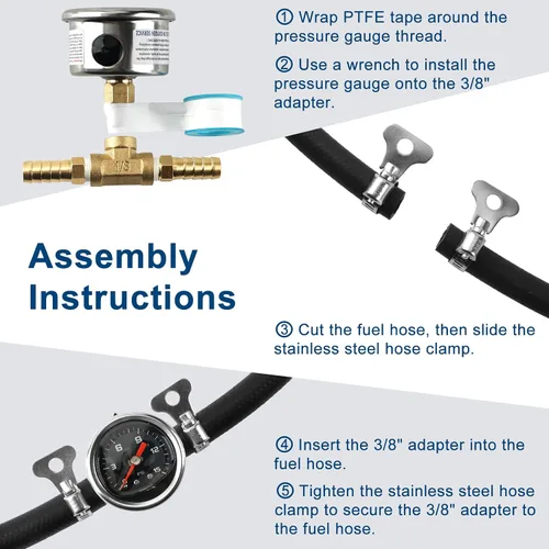 Miniatura 4 de SENCTRL Kit de manómetro de presión de combustible de 15 PSI para línea de combustible de 3/8, esfera negra, motores de carburador, motores