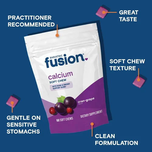 Miniatura 3 de Bariatric Fusion Citrato de calcio con sabor a uva de arándano, 500 mg y vitamina bariátrica para masticar suave con energía, pacientes de cirugía
