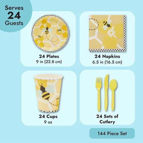 Miniatura 4 de BLUE PANDA Bumble Bee - Juego de 144 piezas, negro dorado y blanco, decoración de fiesta temática de abejas y platos desechables, tazas