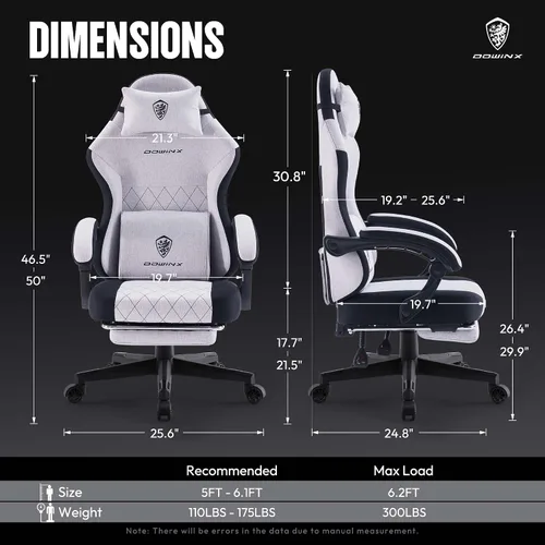 Miniatura 2 de Dowinx Silla de tela para videojuegos, silla ergonómica para computadora con reposapiés y cojín de resorte de bolsillo, silla de videojuegos de Gris