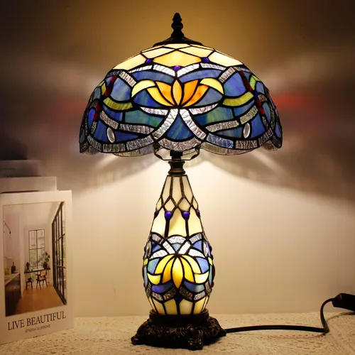 Miniatura 12 de Lámpara de Estilo Tiffany de Vidrio Manchado Azul Barroco de Mesa de 12X19 Pulgadas, Vaso Madre-Hija, Luz de Lectura para Escritorio, Decoración