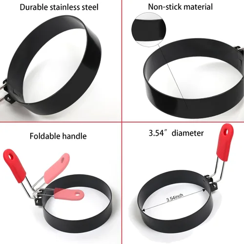 Miniatura 2 de Juego de 2 anillos de huevo de 3.5 pulgadas con mango de silicona, molde redondo para magdalenas inglesas, molde para panqueques para acampar