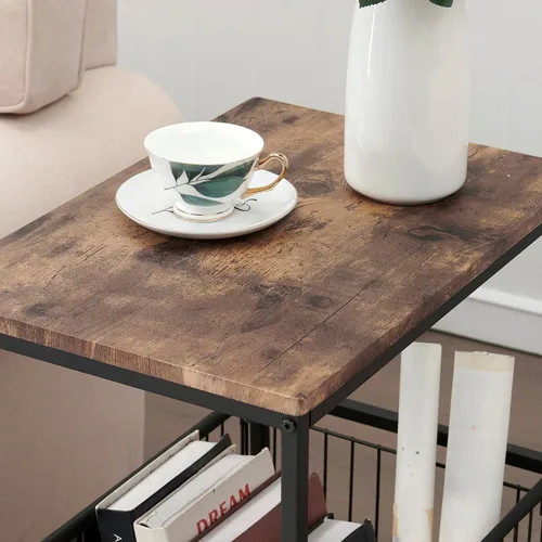 Miniatura 6 de VECELO Mesa auxiliar alta con cesta de metal, mesita de noche con estante organizador de almacenamiento, mesita de noche de madera con marco