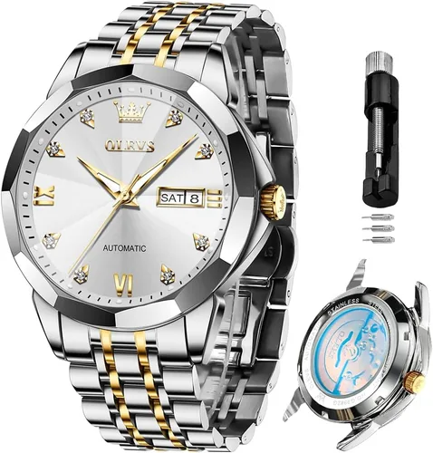 Miniatura 33 de OLEVS Reloj de pulsera automático con diseño de esqueleto para hombre, de lujo, con diamantes de lujo, de acero inoxidable, calendario, reloj