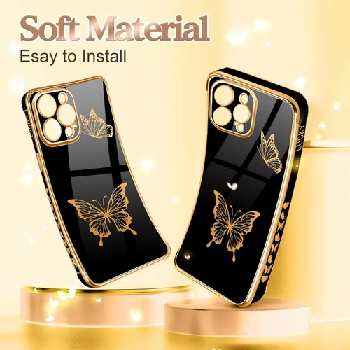 Miniatura 5 de Petitian Funda para iPhone 14 Pro Max, diseño de mariposas para mujeres y niñas, diseño dorado para iPhone 14 Pro Max, cubierta femenina chapada