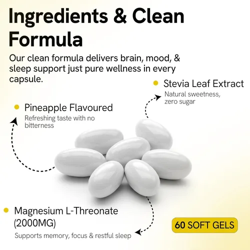 Miniatura 7 de Suplemento de magnesio L-treonato de 2000 mg geles suaves para un mejor sueño - Suplementos cerebrales para memoria y concentración - Soporte