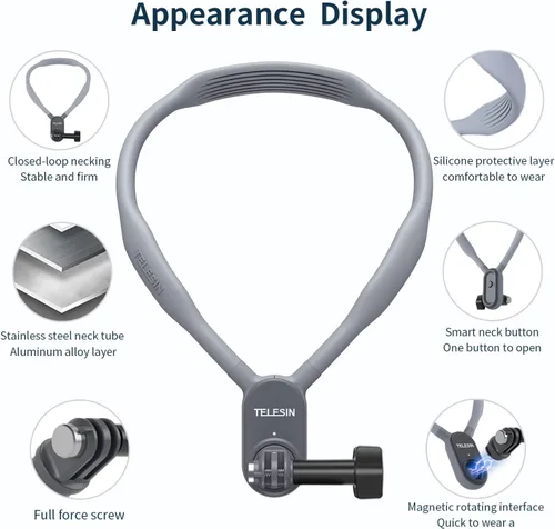 Miniatura 2 de TELESIN Soporte magnético largo para collar con correa de cordón, mochila para cabeza de pecho, soporte para GoPro Max Hero 13 12 11 10 9 8 7 más