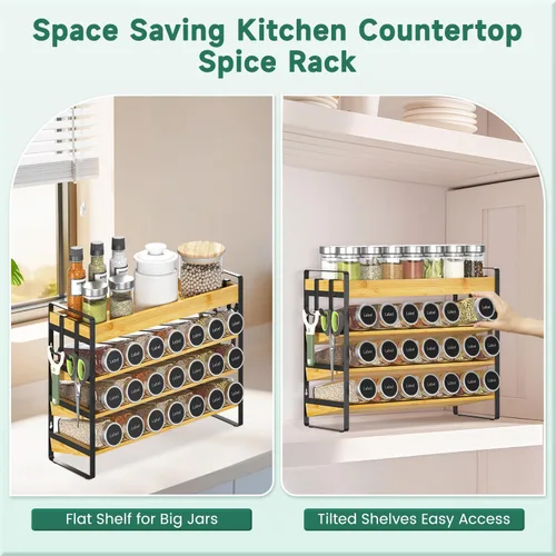 Miniatura 5 de EsLuker.ly Organizador de condimentos para especias para encimera de cocina, 4 niveles de bambú para especias con 4 ganchos, soporte independiente