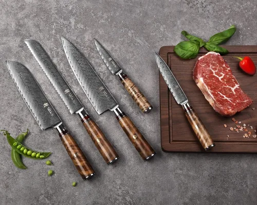 Miniatura 5 de Wakoli Juego de cuchillos de chef de Damasco con bloque magnético – Juego de bloque de cuchillos de cocina profesional de 5 piezas, cuchillas