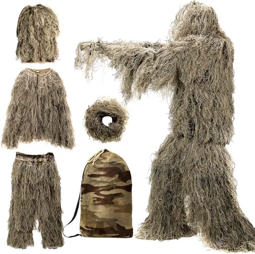 Miniatura 10 de DoCred Traje Ghillie 5 en 1, ropa de caza de camuflaje 3D con chaqueta, pantalones, capucha, bolsa de transporte para adultos/jóvenes, S/M/L/XL/XXL