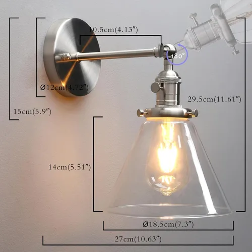 Miniatura 6 de 1 lámpara de pared vintage nostálgica con embudo de vidrio acampanado, pantalla de vidrio transparente, bombilla de filamento Edison incluida