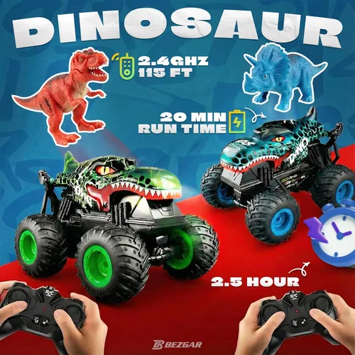 Miniatura 5 de BEZGAR Monster Truck Toys - Camión monstruo de control remoto con luz y música, juguetes de dinosaurios para niños, camión RC a escala 1:20 con Azul