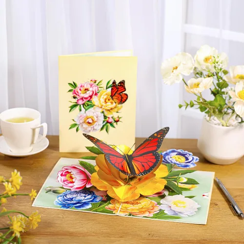 Miniatura 5 de Tarjeta de flores desplegables, tarjeta de felicitación, tarjeta desplegable 3D de mariposa y peonía rosa de 6 x 8 pulgadas, para el día