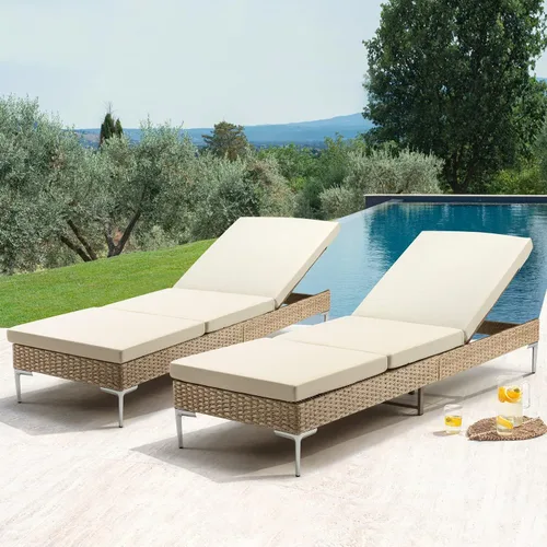 Miniatura 18 de Sillón de mimbre para exteriores, tumbona de piscina con respaldo reclinable infinito, muebles de patio, silla para tomar el sol con cojín