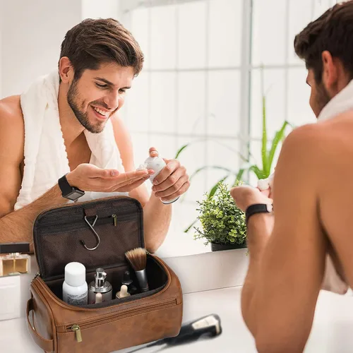 Miniatura 6 de Neceser de cuero personalizado para hombres con gancho, regalo de padrinos de boda, bolsa de viaje con grabado láser, monograma de cuero, regalo