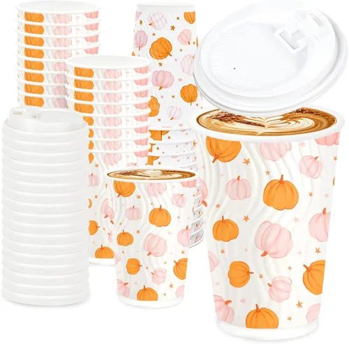 JarThenaAMCS 100 tazas de café desechables de otoño con tapas, taza de papel de calabaza rosa naranja de 16 onzas, taza de papel de calabaza