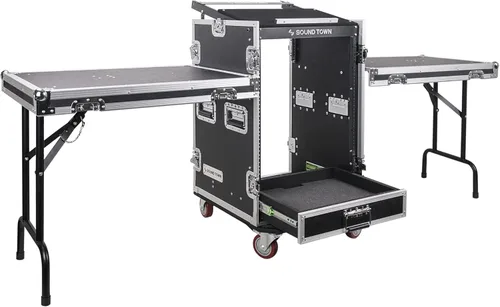 Miniatura 10 de Sound Town 14U PA DJ Caja de rack/ruta ATA para audio profesional con cajón de 2U, parte superior inclinada de mezclador de 11U, mesa de trabajo