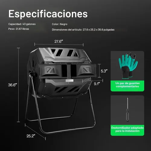 Miniatura 8 de VIVOSUN Cubo de compostaje giratorio para exteriores, con puerta negra de 43 galones, doble lote giratorio Negro