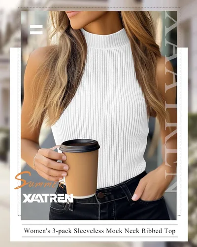 Miniatura 5 de Paquete de 3 camisetas sin mangas con cuello alto falso para mujer, acanaladas, elásticas, ajustadas, básicas, ligeras, bustier