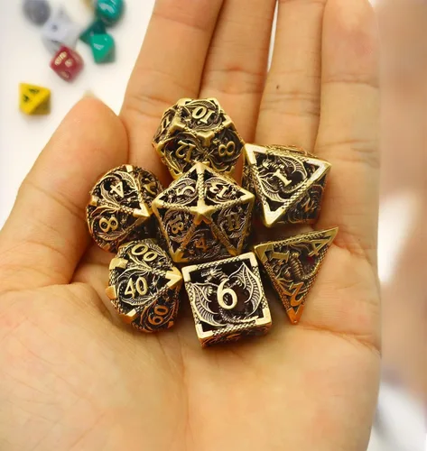 Miniatura 5 de Juego de dados de metal DND Dungeons and Dragon, juego de dados huecos poliédricos de dragón mágico de 7 piezas con caja de metal de regalo