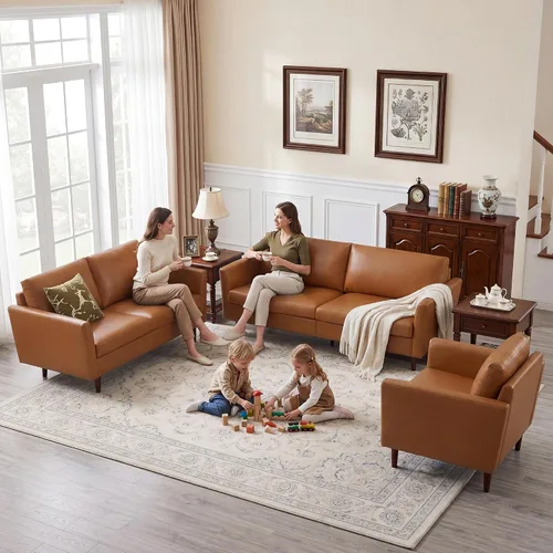 Miniatura 31 de Kingfun Juego de muebles de sala de estar, sofá de 3 plazas, sofá biplaza y sofá biplaza, juego de sofá moderno de mediados de siglo, sofá de piel