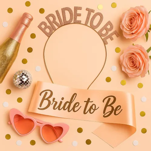 Miniatura 5 de KatchOn, Banda y diadema de oro rosa para la novia, paquete de 2, banda y tiara de novia para decoraciones de despedida de soltera, banda y corona