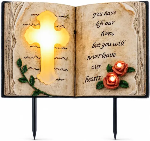 Miniatura 11 de Estatua conmemorativa de alas de ángel solar con vela LED y cruz, decoración de tumbas de resina resistente a la intemperie para cementerio, regalos