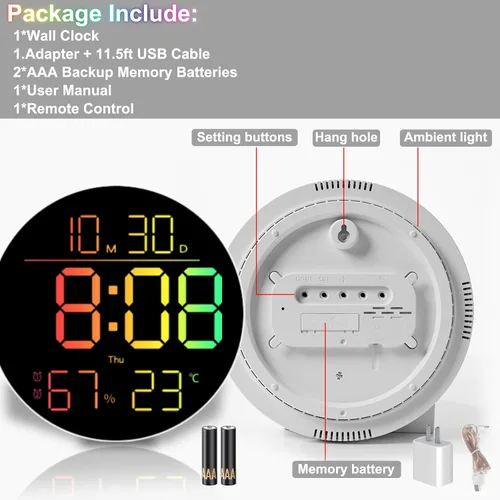 Miniatura 7 de QINFIEY Reloj de pared LED de 10 pulgadas con luz ambiental RGB, atenuación automática, pantalla de color/hora/fecha/temperatura/humedad, alarma
