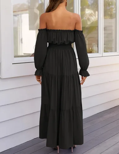 Miniatura 99 de ZESICA - Vestido largo, bohemio y sexy, con hombros descubiertos y manga larga fruncida, con elástico fruncido, cintura alta y abertura lateral