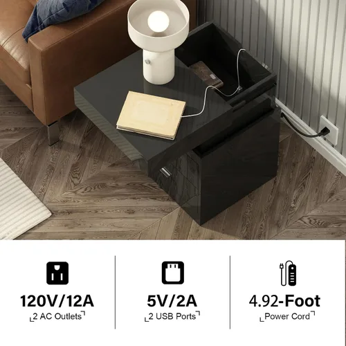 Miniatura 3 de ChooChoo Mesita de noche LED con estación de carga, mesita de noche inteligente con almacenamiento superior deslizante, mesa de noche de alto brillo