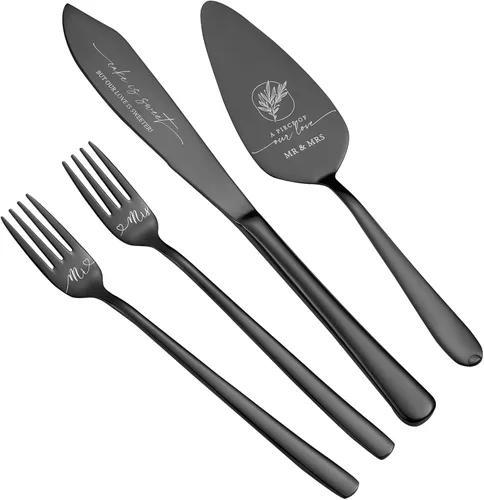 AW BRIDAL Juego de 4 piezas de corte de pasteles para boda con tenedores, acero inoxidable grabado para tartas de boda, cuchillo, pastel, servidor,