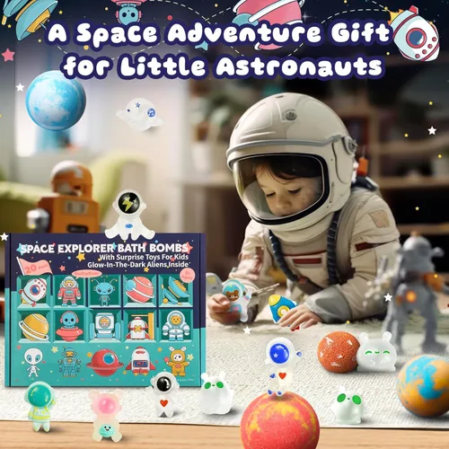 Miniatura 5 de Paquete de 20 bombas de baño Galaxy para niños con juguetes Space Explorer, bombas de baño para niños Cosmic Adventure con astronautas, cohetes