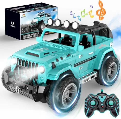 DEERC Coche de Control Remoto con Neblina y Música, Camión de Control Remoto 1:16 para Niños, Juguete de Coche RC de 2.4Ghz con 2 Baterías, Regalo