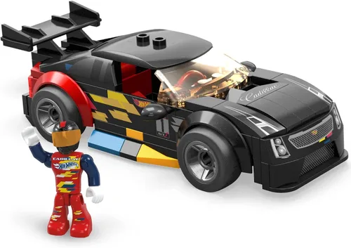 MEGA Hot Wheels - Juego de autos de carreras de juguete de construcción, 16 Cadillac ATS-V con 90 piezas, 1 micro figura de acción, negro, niños a
