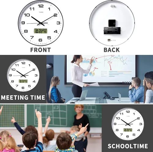 Miniatura 8 de TIMESS Reloj de Pared, Esfera Grande de 14" Sin Tic-Tac Silencioso Operado por Batería Analógico con Pantalla LCD para Calendario Perpetuo y Negro