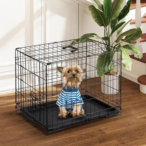 Miniatura 2 de DUMOS Jaula para perros, jaula pequeña de una sola puerta de 24 pulgadas con bandeja de plástico a prueba de fugas, perrera plegable de alambre
