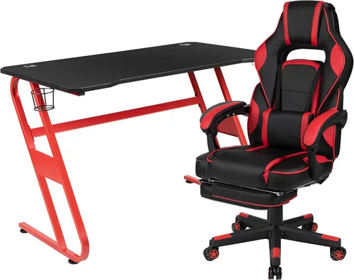 Miniatura 84 de Flash Furniture Juego de escritorio para juegos negro y silla de carreras blanco/negro con soporte para tazas, gancho para auriculares y soporte