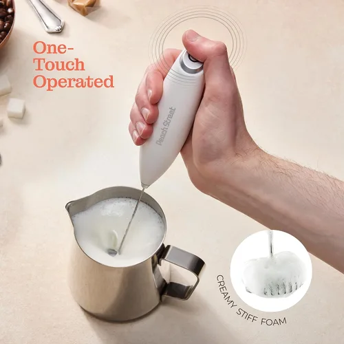 Miniatura 3 de Espumador de leche de mano potente, mini espumador de leche, mezclador de bebidas con batería y acero inoxidable con soporte para espumador Blanco