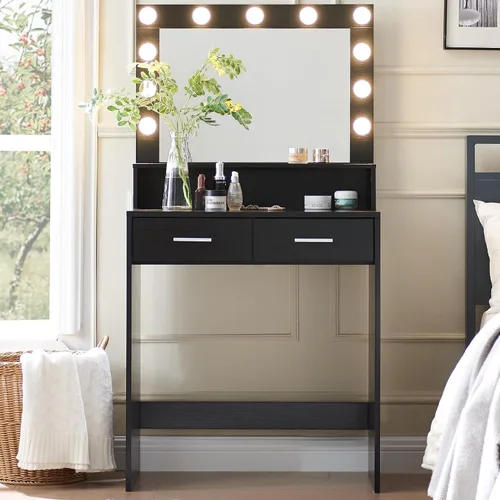 Miniatura 9 de MIRROTOWEL Escritorio de tocador con espejo y luces, tocador con cajón grande, cómoda de almacenamiento de 2 niveles y 3 modos de iluminación